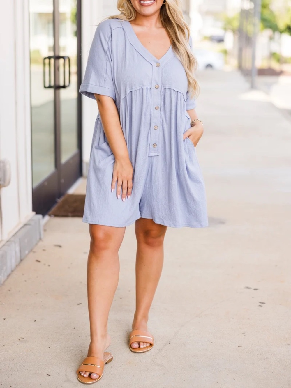 Madewell Pale Blue Button-Front V-Neck Dress Top 100% Cotton with pockets